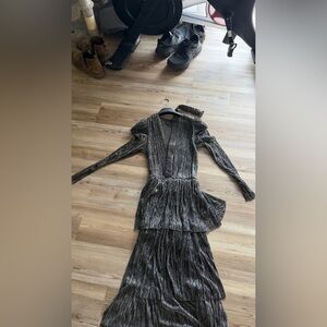 Sabina Musayev Metallic Black Silver Tiered Maxi Dress